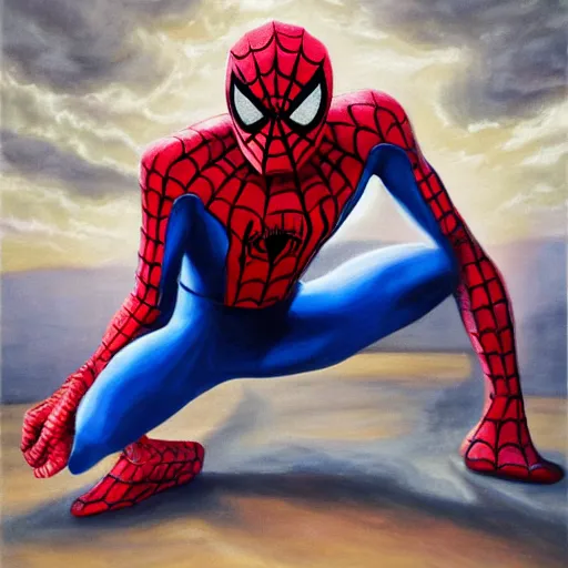 Image similar to spiderman kneels, praying to spider god, oil painting