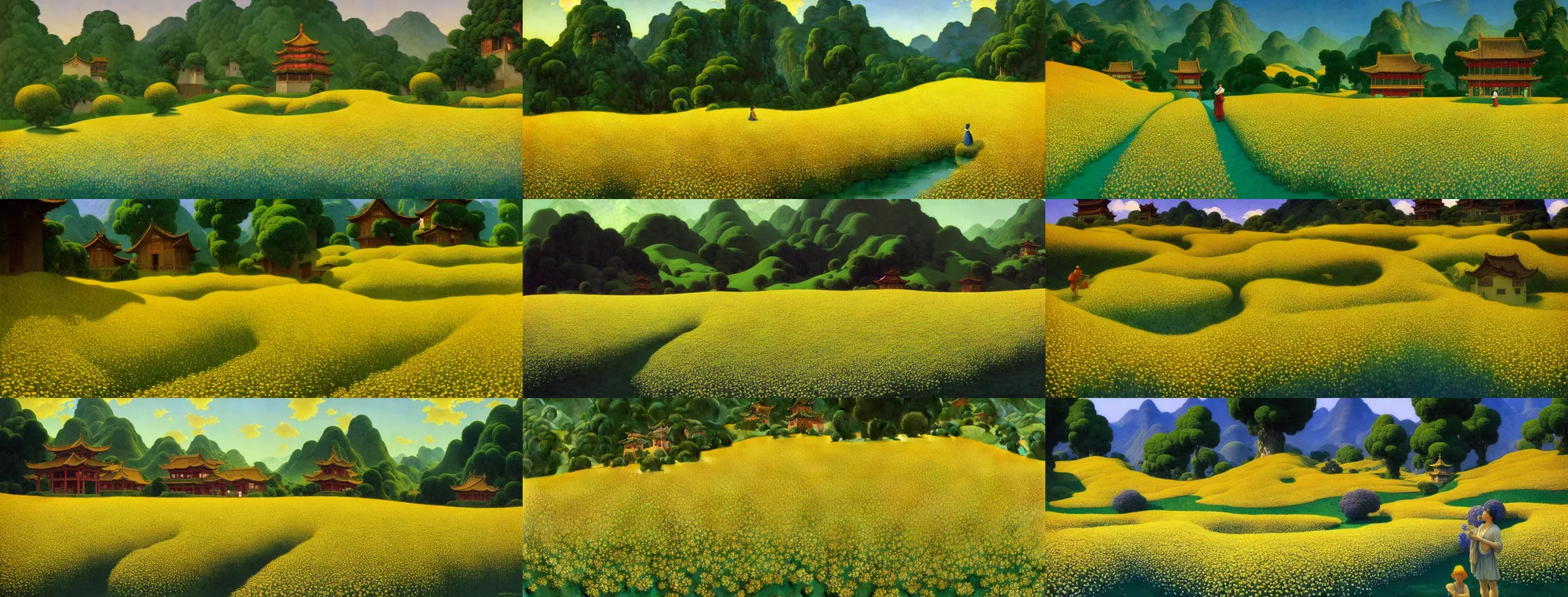 Prompt: overhead shooting, a gorgeous landscape painting by barlowe wayne maxfield parrish and marco mazzoni. china mountain village, traditional huizhou architecture!! an endless grid of rape flower fields by the river!! ultra clear detailed. 3 d, octane render. 8 k
