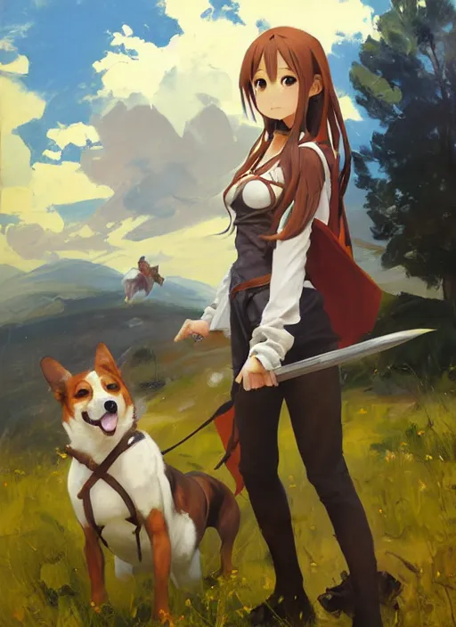 Image similar to Greg Manchess painting of Asuna Yuuki from SAO in casual wear out playing with the dogs, countryside, fantasy character portrait, dynamic pose, above view, sunny day, thunder clouds in the sky, artwork by Jeremy Lipkin and Giuseppe Dangelico Pino and Michael Garmash and Rob Rey, very coherent asymmetrical artwork, sharp edges, perfect face, simple form, wacky, 100mm