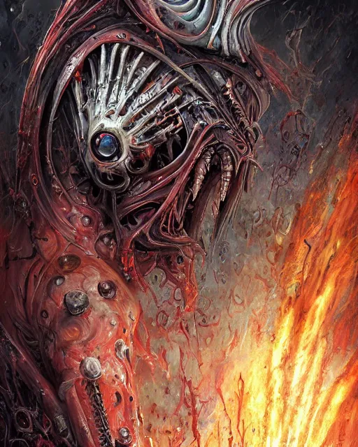 Image similar to charred bloody fleshmetal cyborg daemonhost, by antonio j. manzanedo, giger, alex grey, android jones, wayne barlowe, philippe druillet, raymond swanland, cyril rolando, josephine wall, harumi hironaka, trending on artstation