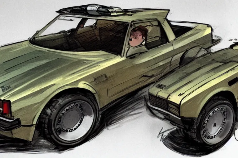 Image similar to Concept art of a 1980s wedge car. Dieselpunk.