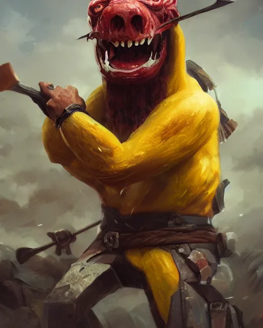 Prompt: oil painting of an anthropomorphized angry banana, sharp focus, holding axes, heroic pose, fantasy style, octane render, volumetric lighting, 8k high definition, by greg rutkowski, highly detailed, trending on art Station, magic the gathering artwork, Battlefield backround, centered