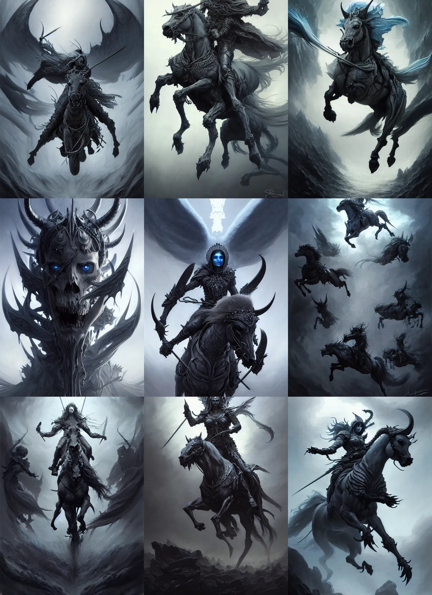 Image similar to concept art by artgerm, death of the four horsemen of the apocalypse, soft grey and blue natural light, intricate, queen of death riding, highly detailed dark art, digital painting, artstation, concept art, smooth, sharp focus, illustration, art by greg rutkowski and luis rollo and uang guangjian and gil elvgren, symmetry!