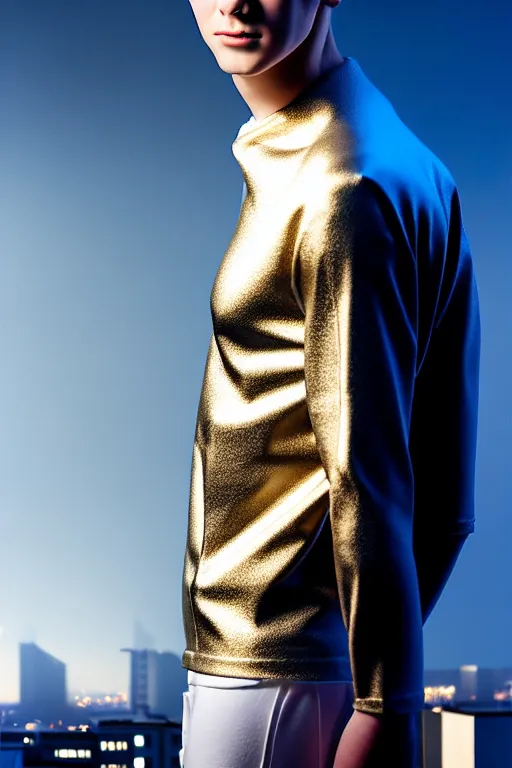 Image similar to un ultra high definition studio quality photographic art portrait of a young man standing on the rooftop of a british apartment building wearing soft padded silver pearlescent clothing. three point light. extremely detailed. golden ratio, ray tracing, volumetric light, shallow depth of field. set dressed.