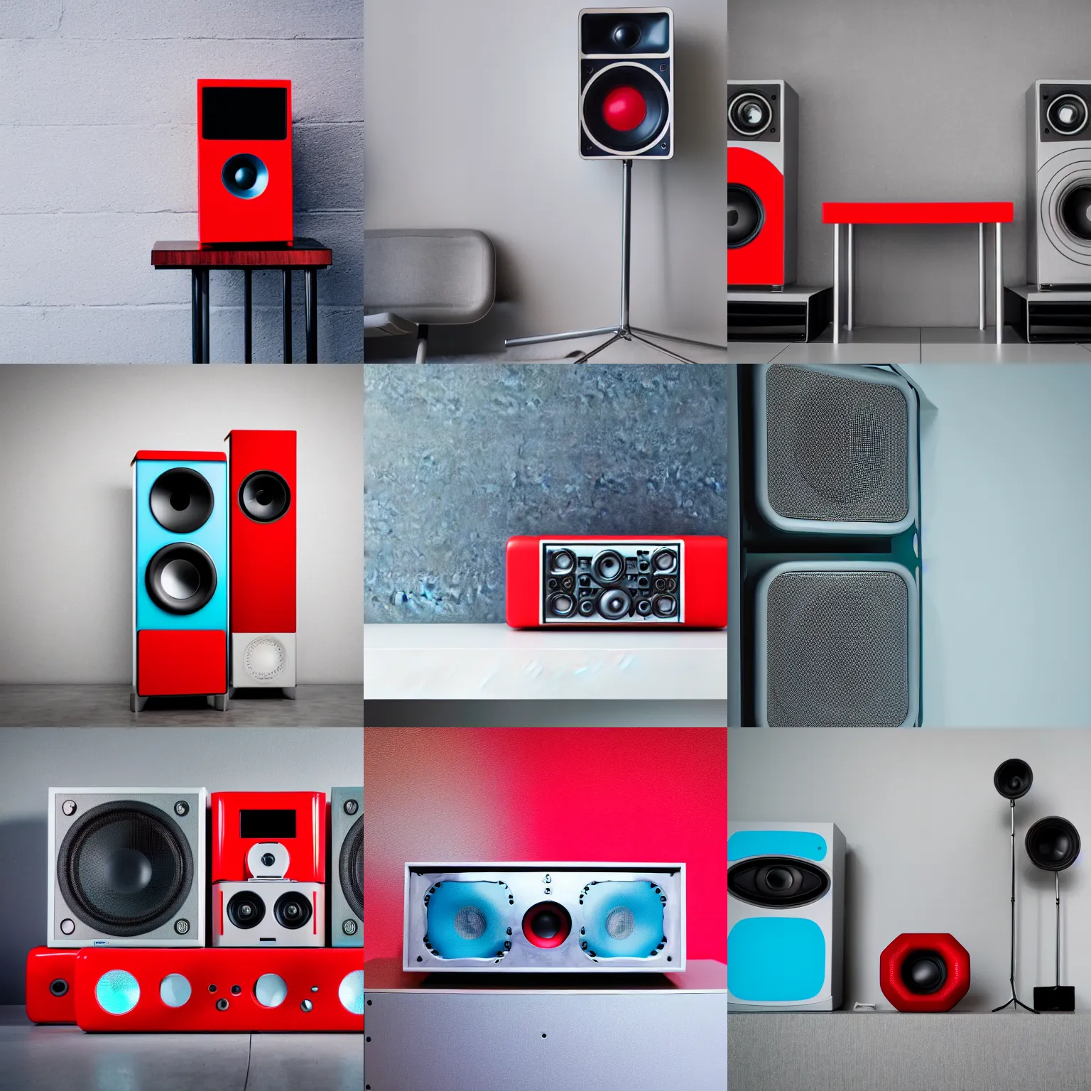 Prompt: futuristic sound system in modern interior, studio photo, future, color red, cyan, light gray