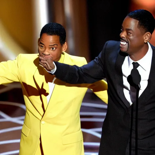 Prompt: chris rock slapping will smith on stage during the oscar awards, 8k, realistic