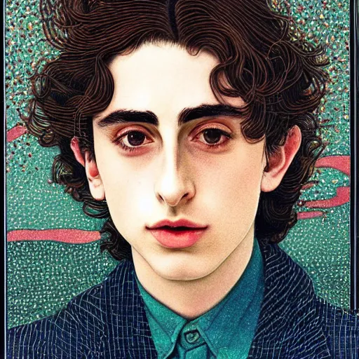 Image similar to “ timothee chalamet portrait by ikenaga yasunari and ayana otake and ko rakusui, 6 0 s poster, drawing, realistic, sharp focus, japanese, dreamy, nostalgia, faded, golden hues, floral clothes ”