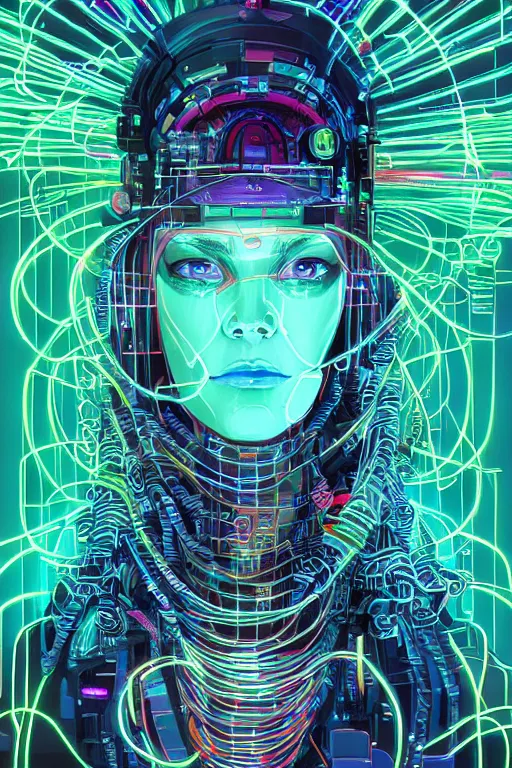 Image similar to stunning highly detailed portrait of a neuromancer Women with long hair with cyber headgear surrounded by wires, neon colors, oil on canvas, strong lighting, by Josan Gonzalez, HD, 4K