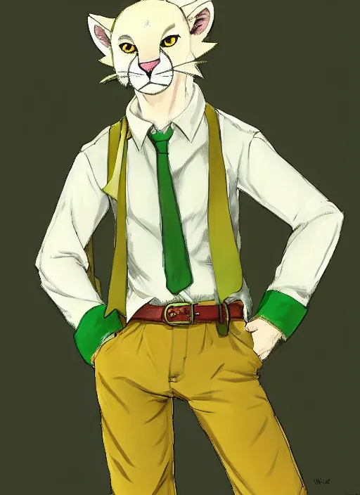 Prompt: fursona character portrait of a anthro albino mountain lion wearing a yellow button-down shirt and green slacks. hidari, color page, tankoban, 4K, tone mapping, Akihiko Yoshida.