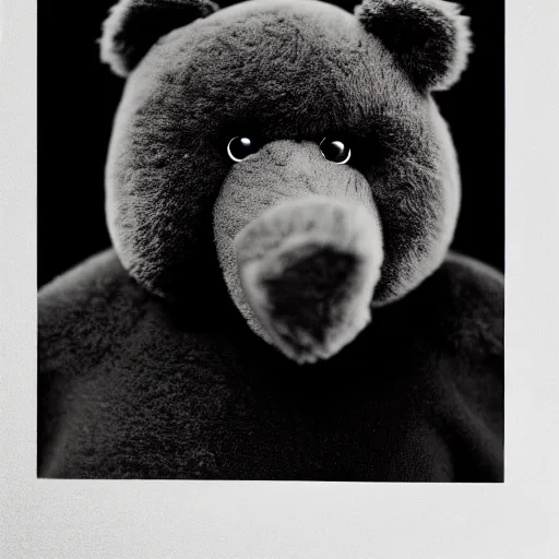 Image similar to a ( ( chiaroscuro lighting portrait ) ) of kanye west dressed as teddy bear mascot, black background, portrait by julia margaret cameron, shallow depth of field, 8 0 mm, f 1. 8