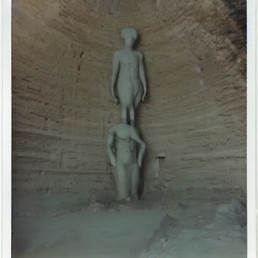 Image similar to a very large statue inside of a underground quarry, megalophobia, expired film, old polaroid,