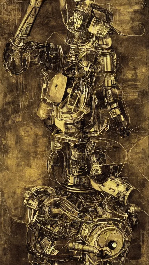 Image similar to robot painting a robot on canvas, intricate, highly detailed, photorealistic, film still, by hans thoma.