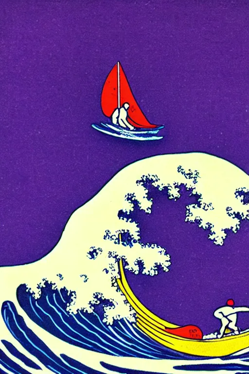 Image similar to a award winning photograph of an astronaut surfing the great wave off kanagawa on a purple surboard