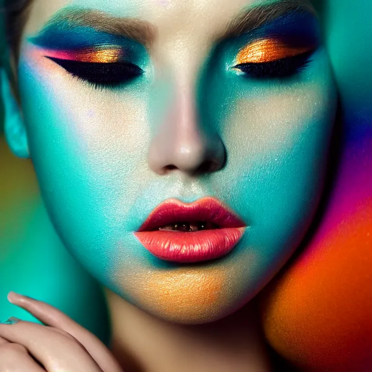 Prompt: amazing closeup portrait of a young woman with beautiful colorful make up by Sir John, Pat McGrath, perfect colorful teal orange eyeshadows, 50mm portrait, beautiful detailed intricate insanely detailed octane render trending on Artstation, 8K artistic photography, photorealistic, dramatic volumetric cinematic perfect light, chiaroscuro, award-winning photograph, masterpiece, Raphael, Caravaggio, harsh flash photography