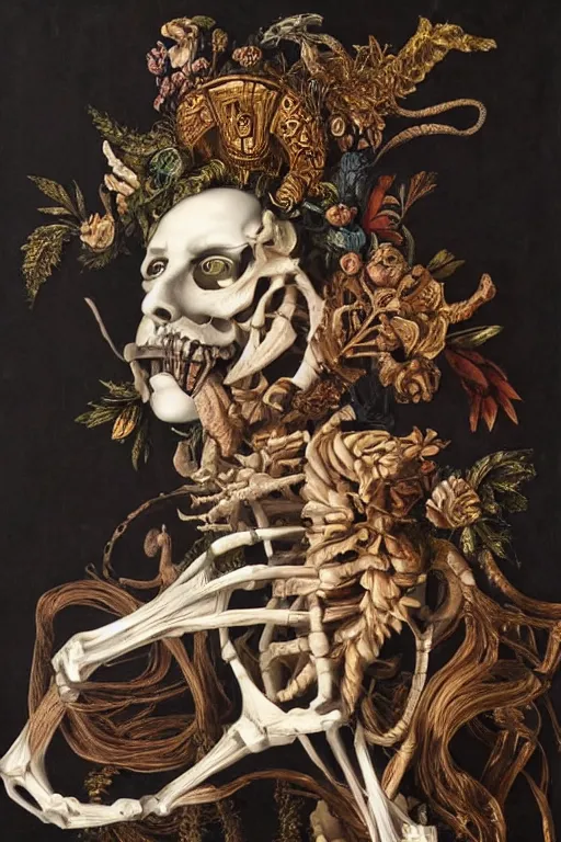 Image similar to Detailed maximalist portrait a Greek god with large lips and with large white eyes, exasperated expression, skeletal with extra fleshy bits, botany, HD mixed media 3d collage, highly detailed and intricate, surreal illustration in the style of Caravaggio, dark art, baroque