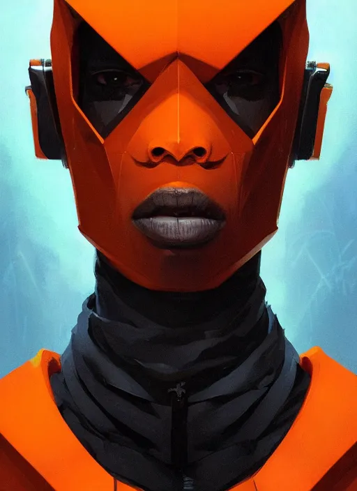 Image similar to full body portrait of slim black man with mohawk, futuristic techwear, highly detailed clothing, angular jawline, masculine, cinematic digital painting, artstation, dramatic concept art, smooth, sharp focus, electric orange highlight, fantasy art by greg rutkowski, loish, rhads, ferdinand knab, makoto shinkai, ilya kuvshinov, rossdraws