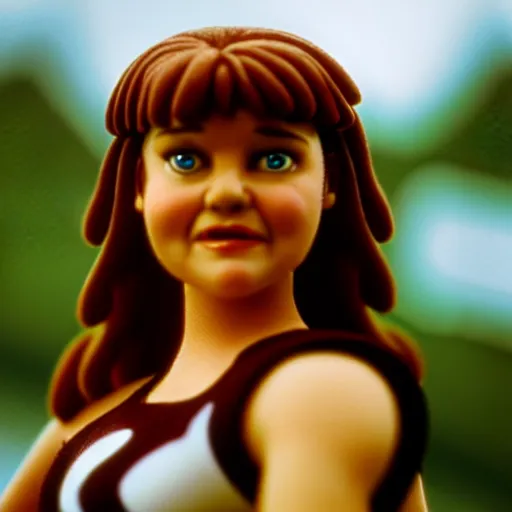 Prompt: a cinematic film still of a claymation stop motion film starring young lucy lawless as xena warrior princess holding giant ring, brunette hair, shallow depth of field, 8 0 mm, f 1. 8