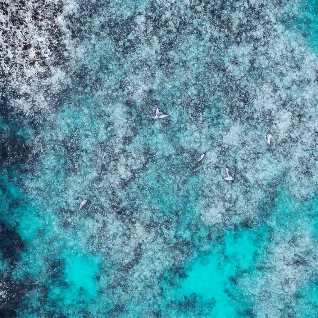 Image similar to birds eye view above a crystal clear blue ocean with swirling sea foam, dark black smooth obsidian boulders, floating kelp, small fishes, octopus, dolphins, stingrays, whale