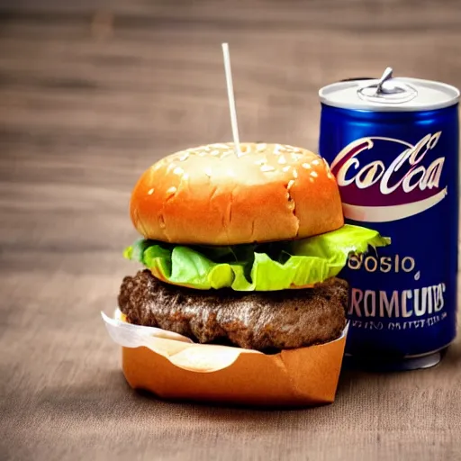 Prompt: close up shot of a paper bag containing an hamburger and a can of cola