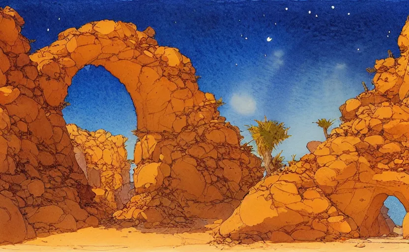 Image similar to a hyperrealist watercolour concept art of a desert night. through a large rock arch is a clear blue sky. by rebecca guay, michael kaluta, charles vess and jean moebius giraud. high detail, hq, wide shot