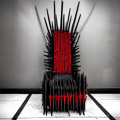 Image similar to black throne with a seat, armrests, and a back rest is encased by hundreds of rebar spikes. there are red ribbons dangling from the spikes. dystopian throne room.