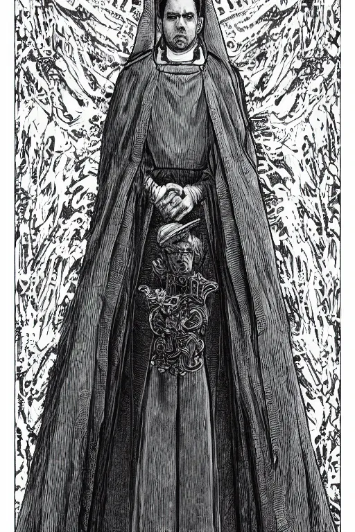 Image similar to portrait of Daniel Trejo in costume of church nun, intricate, highly detailed, artstation, manga illustration by Kentaro Miura