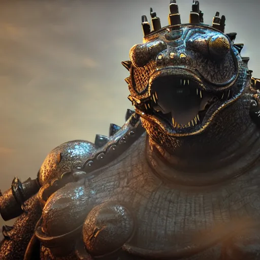 Image similar to Portrait of an angry mechanical bronze steampunk Godzilla. 4K. Concept art. Unreal engine. Highly detailed.