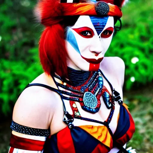Image similar to photo of a real-life beautiful female harlequin warrior,
