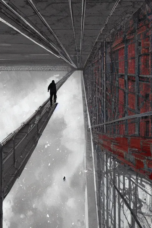 Prompt: Lonely homeless stalker walks across the bridge, over infinite soviet negastructure. Top down view. By jakub Różalski, detailed, hyper realistic