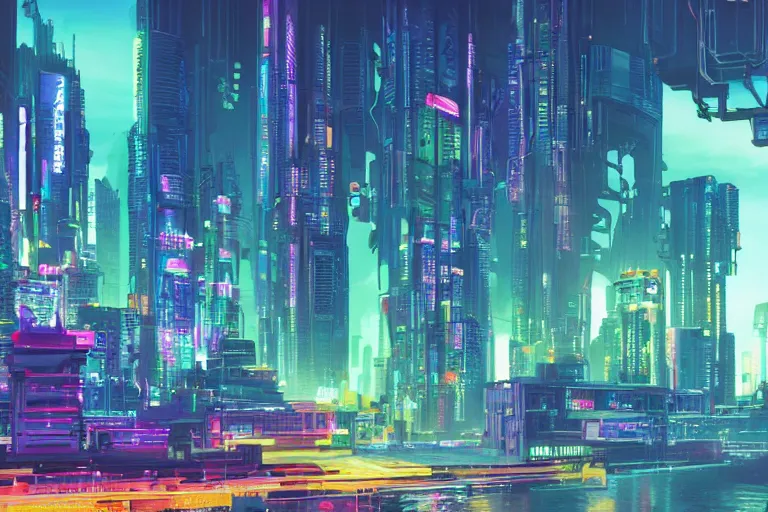 Image similar to optimistic bright utopian cyberpunk city