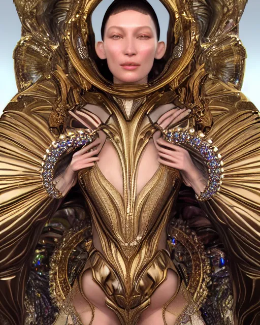 Image similar to a highly detailed metahuman 4 k close up render of an alien goddess bella hadid monument renaissance in iris van herpen dress schiaparelli in diamonds crystals swarovski and jewelry iridescent in style of alphonse mucha gustav klimt trending on artstation made in unreal engine 4