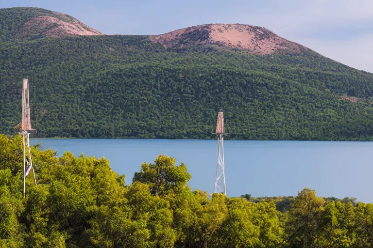 Image similar to a hill with a radio tower next to a lake, hills in background. telephoto lens photography.