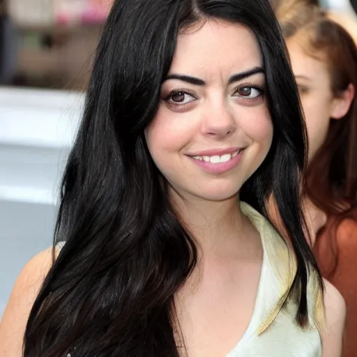 Prompt: a girl with long black hair and thick eyebrows, her face is a mix between aubrey plaza, lucy hale, sarah hyland, anne hathaway and christina ricci