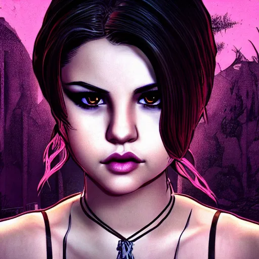 Image similar to selena gomez portrait, borderlands, tales from the borderlands, the wolf among us, comic, cinematic lighting, studio quality, 8 k