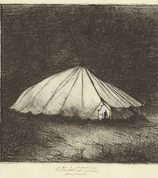 Prompt: etching drawing of circus tent in a field of grass, smoke in the background by Rembrandt van Rijn