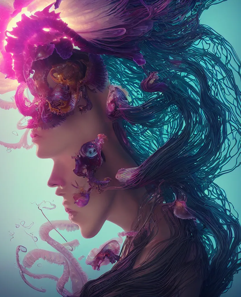 Prompt: beautiful female fused with orchid jellyfish, close-up portrait, dark, phoenix head, nautilus, skull, bioluminiscent, intricate artwork by Tooth Wu and wlop and beeple. octane render, trending on artstation, greg rutkowski, xsullo, very coherent symmetrical artwork. cinematic, hyper realism, high detail, octane render, 8k