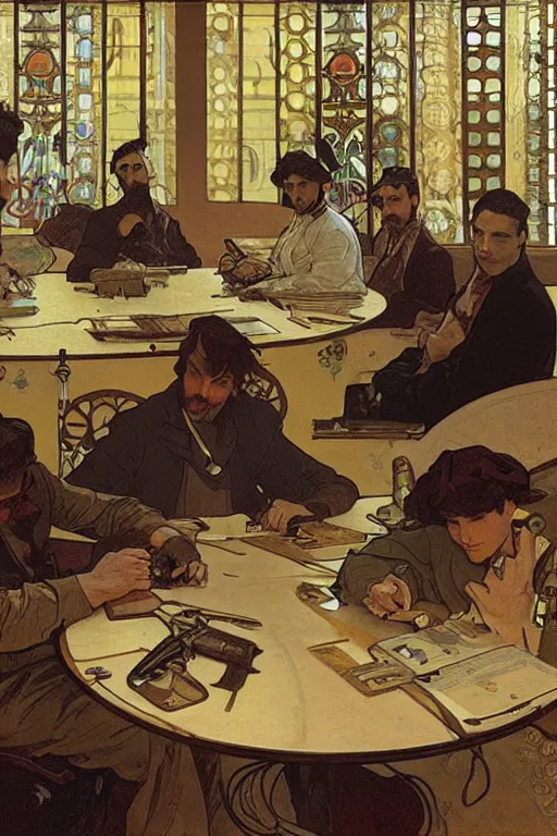 Image similar to 5 men writing code on laptops around a table, alphonse mucha, james gurney, greg rutkowski