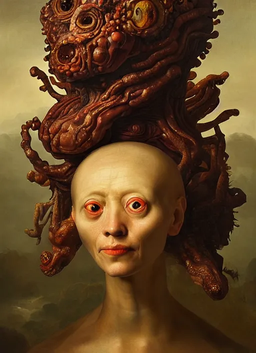 Prompt: strange, looming head, biomorphic painting of a woman with large eyes, deep rich colours by, rachel ruysch, and charlie immer, highly detailed, emotionally evoking, head in focus, volumetric lighting, oil painting, timeless disturbing masterpiece