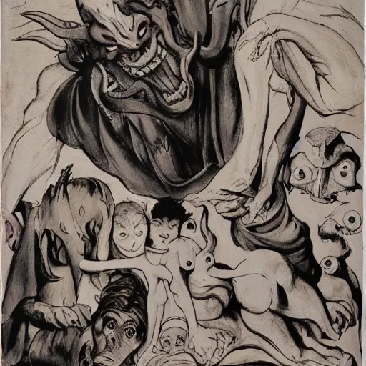 Prompt: un monstre horrible et fou degueulasse avec une peau sale et seche petits yeux rouges dents tres longues demon sang sur les levres by caravaggio and rubens and bob bottin and lucien freud and ghibli studio and miyazaki and herge and max ernst and otomo