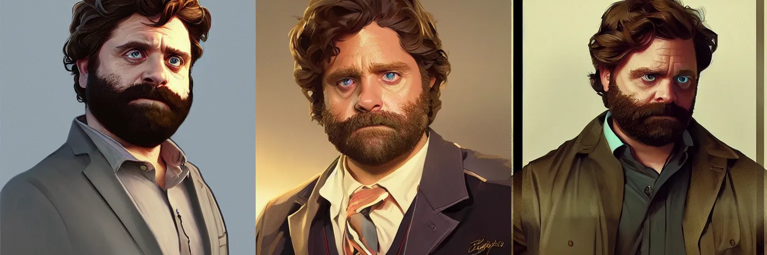 Prompt: portrait of Zach Galifianakis as a detective, highly detailed, digital painting, artstation, concept art, sharp focus, illustration, art by artgerm and greg rutkowski and alphonse mucha