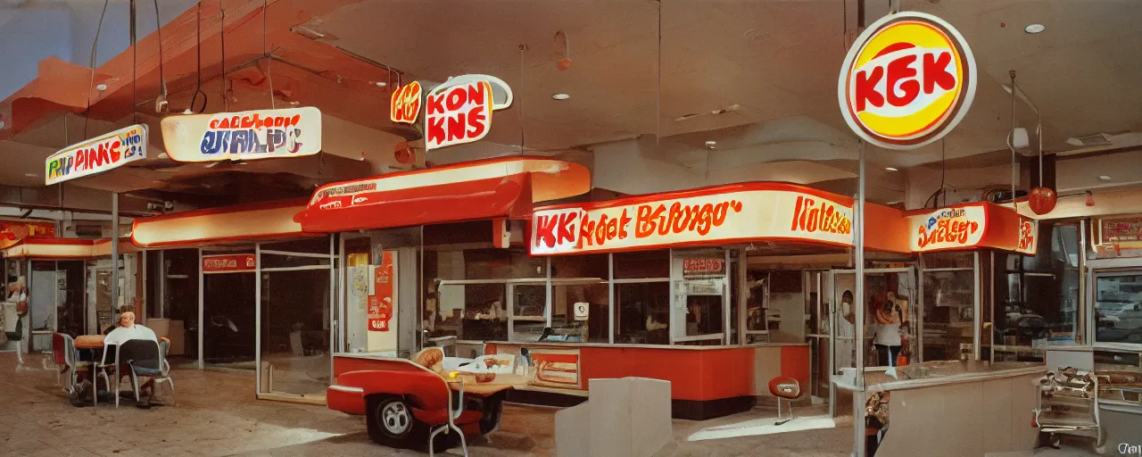 Prompt: spaghetti burger at a 1 9 9 0 s burger king ( restaurant chain ), canon 5 0 mm, kodachrome, in the style of wes anderson