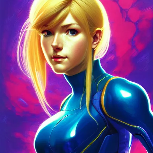 Prompt: head and shoulders portrait of Zero Suit Samus, semi realistic, digital illustration, fantasy, medium shot, intricate, elegant, highly detailed, digital painting, volumetric light, artstation, concept art, smooth, sharp focus, art by Sachin Teng and Gil Elvgren and Greg Manchess and Alphonse Mucha