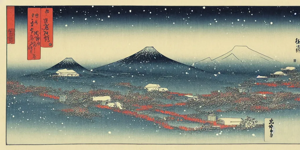 Prompt: snow field scenery at night, snowy and windy, with some tombs and blood in the front, by hiroshige utakawa, ukiyoe