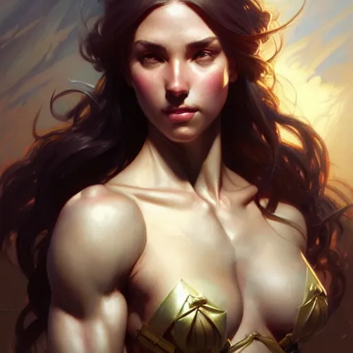 Image similar to A girl fantasy upper body, D&D, muscular, fantasy, intricate, elegant, highly detailed, digital painting, artstation, concept art, smooth, sharp focus, illustration, art by artgerm and greg rutkowski and alphonse mucha