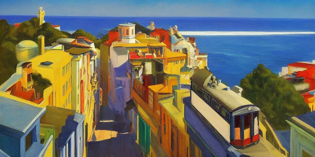 Prompt: street art. paralyzed by the indescribable beauty of the cosmos. amazing view of the electric trail from city of sintra. art style by edward hopper daring, incredible