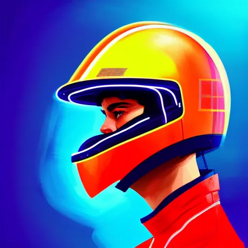 Prompt: profile photo of a driver with a helmet and a visor with eye lashes, side profile on a neon racing track, cinematic, 8k, highly detailed, digital painting, artstation, concept art, smooth, sharp focus, illustration by Sandra Chevrier