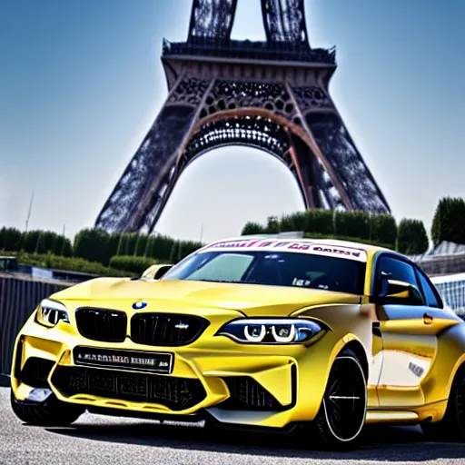 Prompt: long shot of BMW M2 Competizione drifting in front of the Effel Tower in Paris, 4k, HD Photography