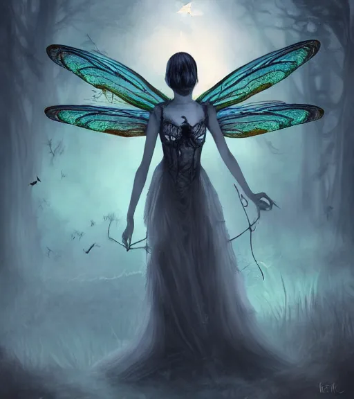 Image similar to gothic fairy with dragonfly wings, digital painting, liminal eerie midnight backlit, a picture taken by Michael Komarck