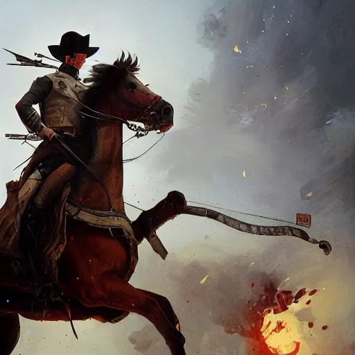 Image similar to napoleon on his horse while holding his gun and shooting by greg rutkowski