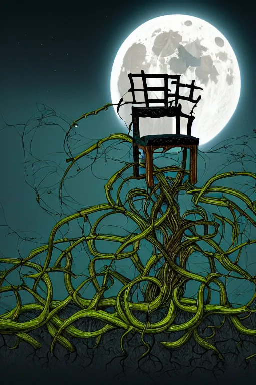 Image similar to a beautiful digital illustration painting of a detailed gothic fantasy full moon and roots, throne chair and vines by by benoit b. mandelbrot, howard arkley. 8 k resolution trending on artstation concept art digital illustration